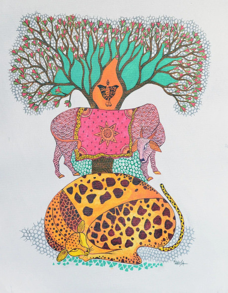 "Circle Of Life"(I-1) Indian Folk /Gond Fusion Modern Art (ART-15639-114802) - Handpainted Art Painting - 14in X 18in