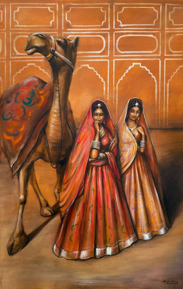 Women With Camel (ART-3512-114735) - Handpainted Art Painting - 23in X 48in