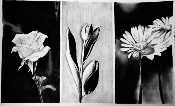 "Floral Whispers In Monochrome" (ART-16633-114724) - Handpainted Art Painting - 22in X 15in