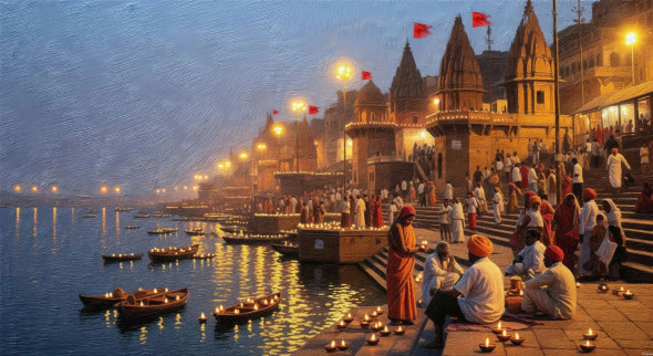 Twilight On Ganga, A Symphony Of Light And Spirit. (PRT-15697-114811) - Canvas Art Print - 60in X 33in