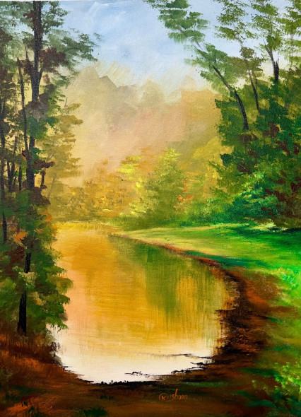 Golden Serenity By The River (ART-16470-114936) - Handpainted Art Painting - 14in X 20in
