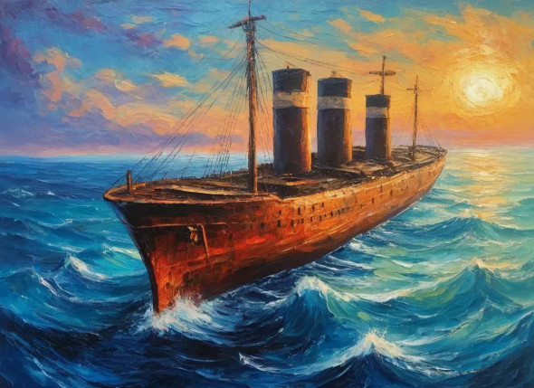 Ship In A Ocean Sunrise Seascape (ART-3319-114939) - Handpainted Art Painting - 48in X 30in