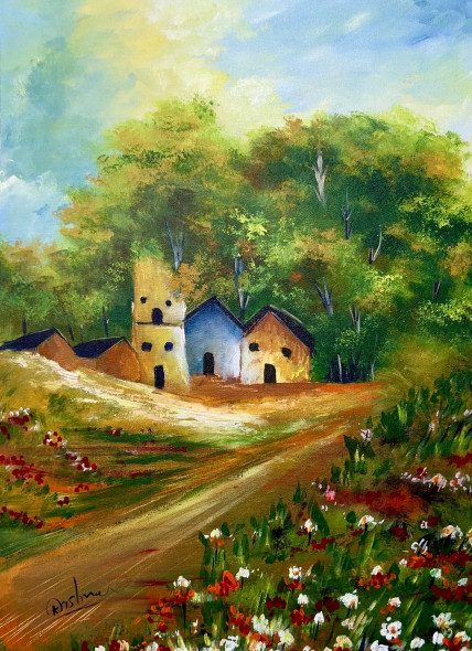 Village Haven In Bloom (ART-16470-114930) - Handpainted Art Painting - 14in X 20in