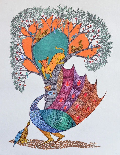 "Circle Of Life" (I-4) Indian Folk /Gond Fusion Art (ART-15639-114892) - Handpainted Art Painting - 14in X 18in