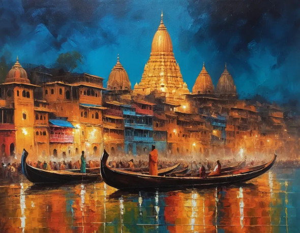 Banaras Ghat Night View Painting (ART-3319-114883) - Handpainted Art Painting - 48in X 36in
