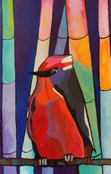Red Bird, Colored Bamboo (ART-15910-114902) - Handpainted Art Painting - 8in X 11in