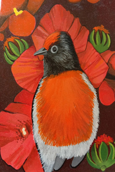 Orange Bird And Red Flowers (ART-15910-114897) - Handpainted Art Painting - 8in X 11in