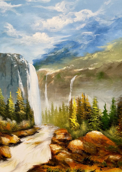 Serenity Of The Cascading Valley (ART-16470-114955) - Handpainted Art Painting - 14in X 20in