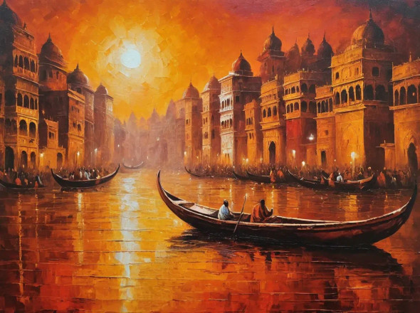 Banaras Ghat Painting (ART-3319-114882) - Handpainted Art Painting - 40in X 30in