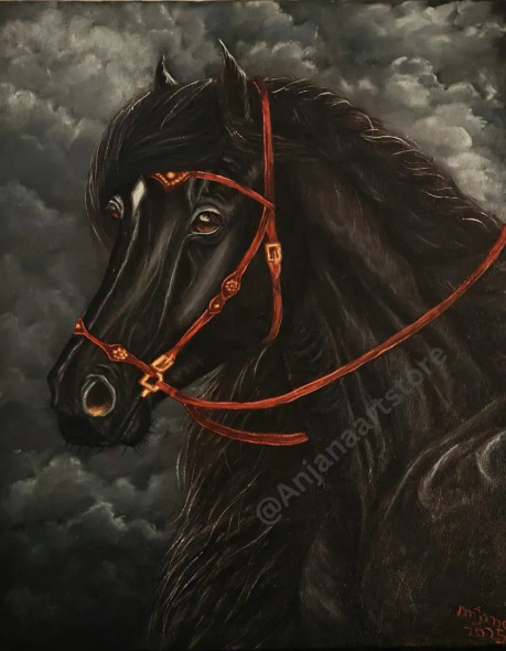 “Majestic Black Horse Portrait With Red Harness Painting” (ART-8067-115013) - Handpainted Art Painting - 16in X 20in