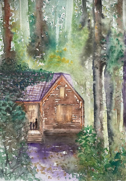 Three Kids And A Misty Day (ART-8841-114984) - Handpainted Art Painting - 8in X 11in