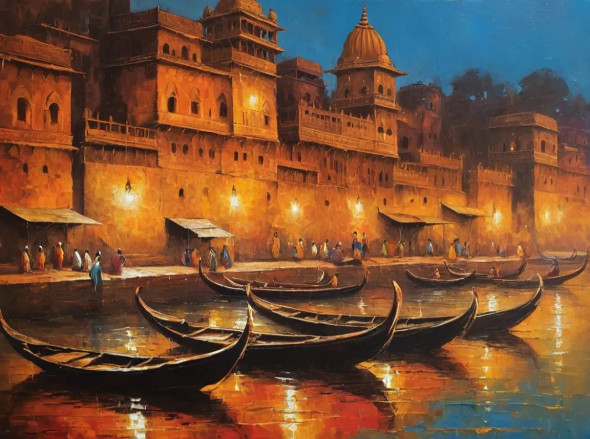 Banaras Ghat Painting (ART-3319-115036) - Handpainted Art Painting - 48in X 36in