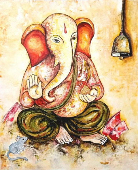 Vighnaharta The Serene Remover Of Obstacles (ART-8034-115046) - Handpainted Art Painting - 16in X 20in