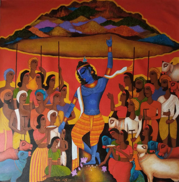 Govardhan Giridhara (ART-15556-115032) - Handpainted Art Painting - 48in X 48in
