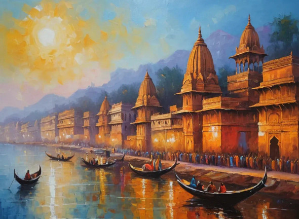 Banaras Ghat Painting (ART-3319-115037) - Handpainted Art Painting - 48in X 36in