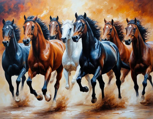 7 RUNNING HORSES AS PER VASTU (ART-3319-115086) - Handpainted Art Painting - 48in X 30in