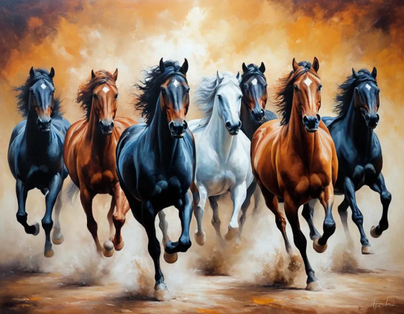 7 RUNNING HORSES AS PER VASTU (ART-3319-115085) - Handpainted Art Painting - 36in X 24in
