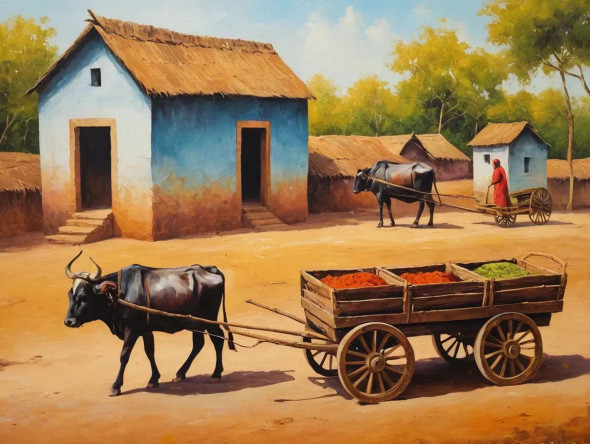 Village Scenery Landscape Painting (ART-3319-115090) - Handpainted Art Painting - 36in X 24in