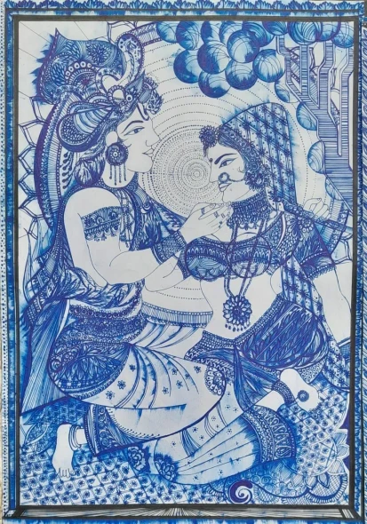 Radha & Krishna's Eternal Bond (ART-17511-115098) - Handpainted Art Painting - 12in X 16in