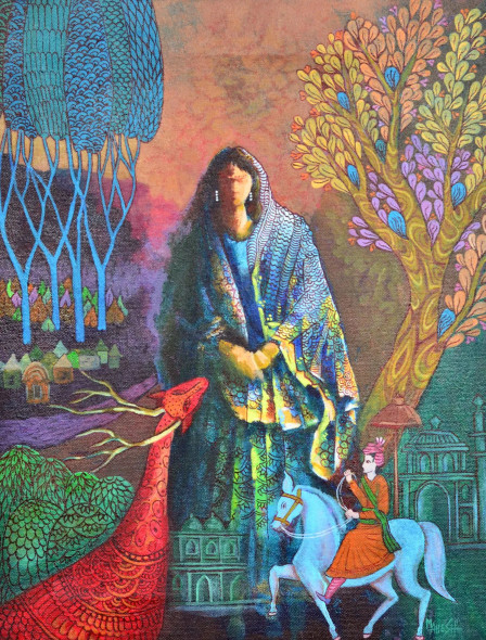 Bride & Prince Of Dreams (F-1) Indian Style Art (ART-15639-115100) - Handpainted Art Painting - 14in X 18in