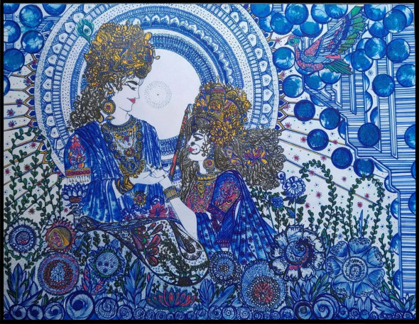 Radha And Krishna's Eternal Romance (ART-17511-115096) - Handpainted Art Painting - 18in X 13in