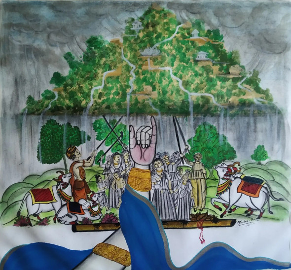 Govardhan Dhari (ART-17479-115106) - Handpainted Art Painting - 34in X 31in