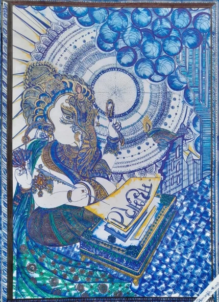 "Lord Ganesha Scribing The Mahabharata: Divine Ink Art" (ART-17511-115097) - Handpainted Art Painting - 12in X 16in