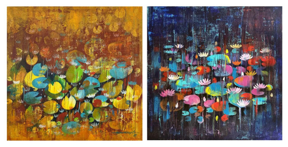 Lily Ponds Happiness (ART-16405-115050) - Handpainted Art Painting - 18in X 18in