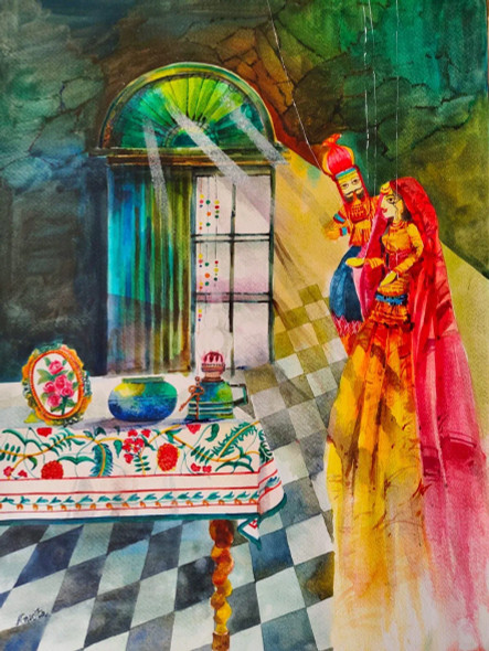 Ek Tha Raja Ek Thi Rani (ART-8538-115188) - Handpainted Art Painting - 16in X 23in