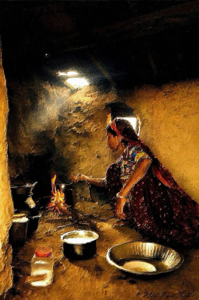 Lady Cooking On Firewood. Oil Painting. (PRT-16909-115121) - Canvas Art Print - 24in X 36in