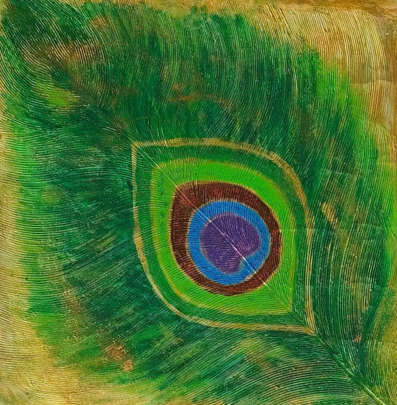 Textured Peacock Feather Painting (ART-17155-115170) - Handpainted Art Painting - 25in X 25in