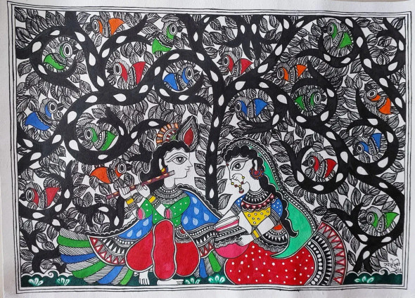 Madhubani (ART-16116-115199) - Handpainted Art Painting - 15in X 11in