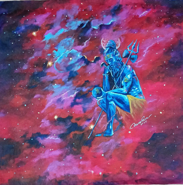 Shiva In Thought – A Cosmic Reflection (ART-3674-115194) - Handpainted Art Painting - 24in X 24in