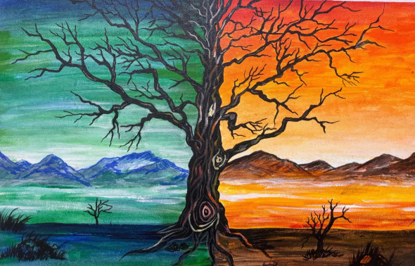 The Dual Shaded Tree Of Life (ART-17567-115152) - Handpainted Art Painting - 22in X 15in