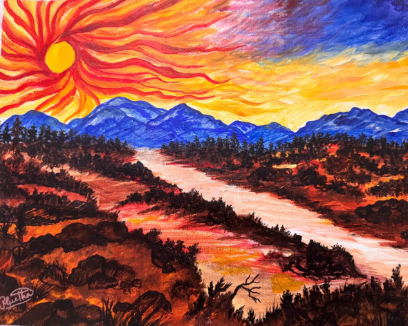 The Fiery Sun Over The Mountains (ART-17567-115157) - Handpainted Art Painting - 19in X 15in