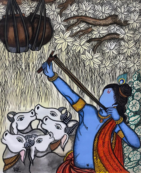 Natkhat Kanha (ART-7129-115256) - Handpainted Art Painting - 32in X 39in
