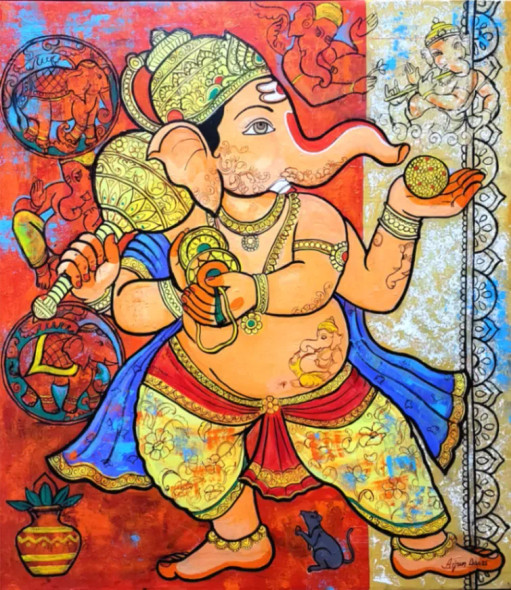 Dancing Ganesha (ART-82-115326) - Handpainted Art Painting - 36in X 40in