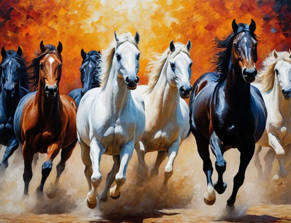 7 Running Horses Painting (ART-3319-115272) - Handpainted Art Painting - 48in X 30in