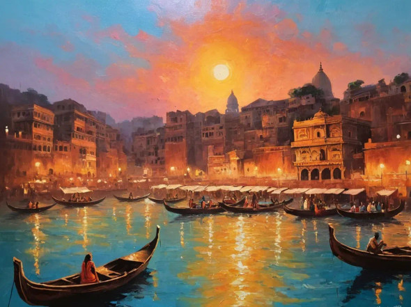 Varanasi Ghat Painting (ART-3319-115322) - Handpainted Art Painting - 48in X 36in