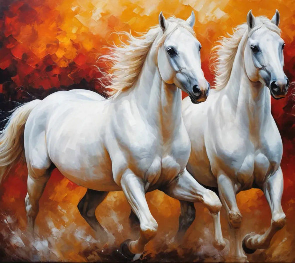 Beautiful White Pair Of Running Horses (ART-3319-115317) - Handpainted Art Painting - 36in X 30in