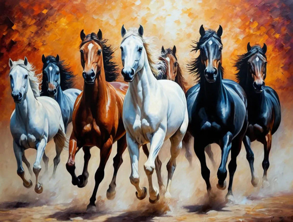 7 RUNNING HORSES AS PER VASTU (ART-3319-115276) - Handpainted Art Painting - 36in X 24in