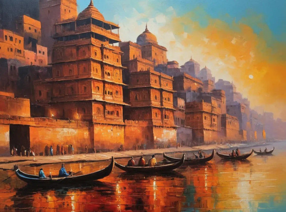 Banaras Ghat Painting (ART-3319-115040) - Handpainted Art Painting - 48in X 36in