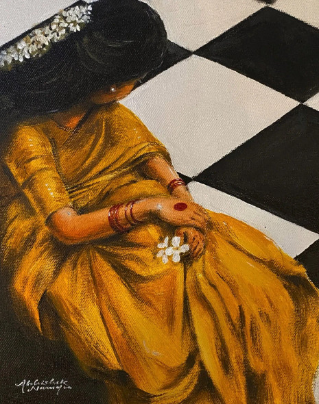 Woman In Yellow Saree (ART-3512-115328) - Handpainted Art Painting - 8in X 10in