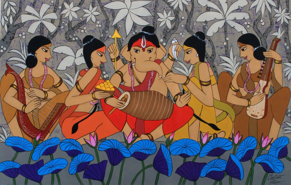 Riddhi Siddhi Ganesha (ART-3324-115217) - Handpainted Art Painting - 60in X 38in