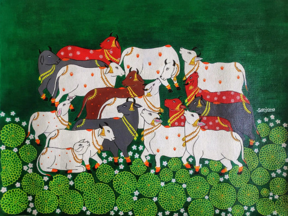 Van Vihar (वन विहार) (ART-8714-115335) - Handpainted Art Painting - 18in X 14in