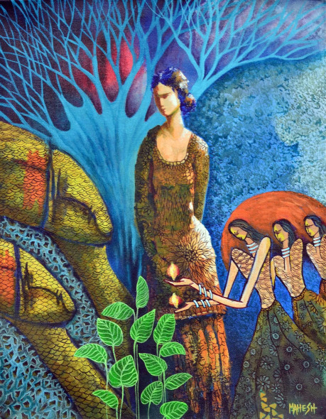 Her Sacred Light (F7) Indian Style Fusion Art (ART-15639-115270) - Handpainted Art Painting - 14in X 18in