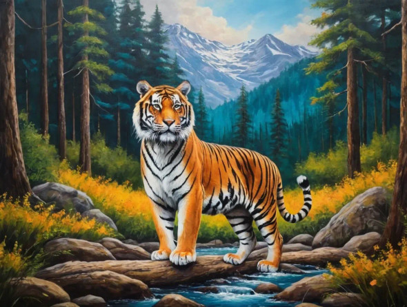 Tiger In A Dense Forest On Sea (ART-3319-115304) - Handpainted Art Painting - 36in X 30in