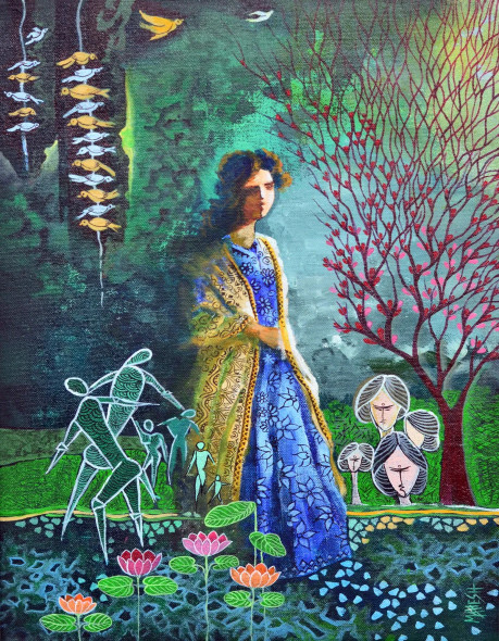 Remembrance (F6) Indian Style Fusion Art (ART-15639-115269) - Handpainted Art Painting - 14in X 18in