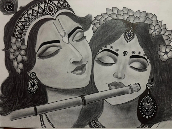 Divine Love – Radha Krishna In Pencil Sketch (ART-17540-115215) - Handpainted Art Painting - 16in X 9in