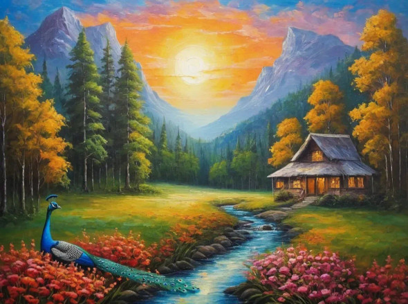 Heaven View Of Nature With Mountains Sunrise Scenery Landscape Painting (ART-3319-115302) - Handpainted Art Painting - 36in X 30in